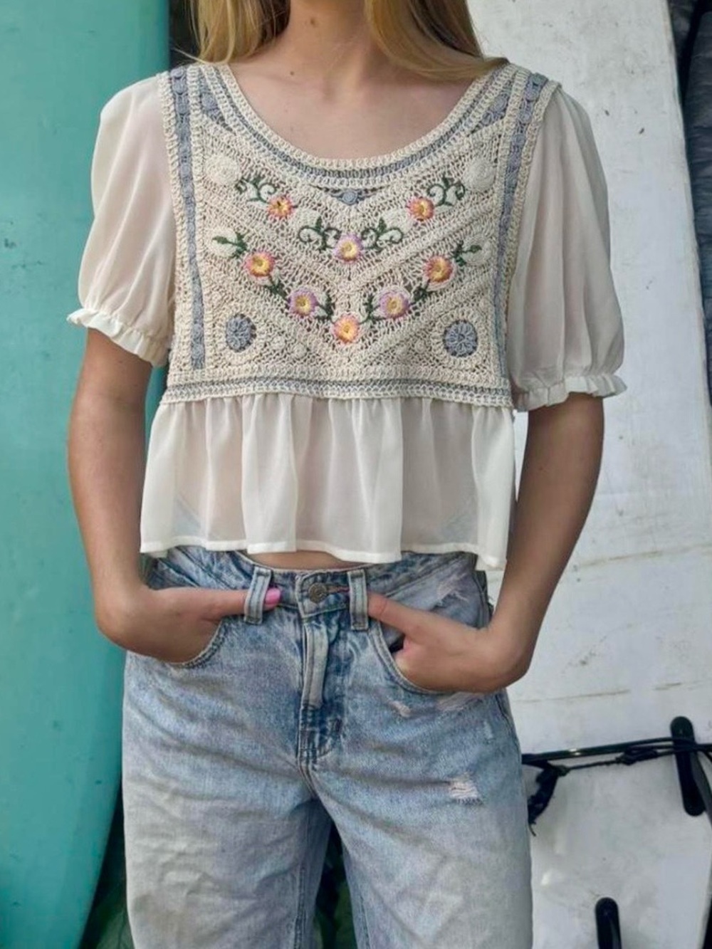 NWOT Cream Crochet-Front Festival Floral Crop Top